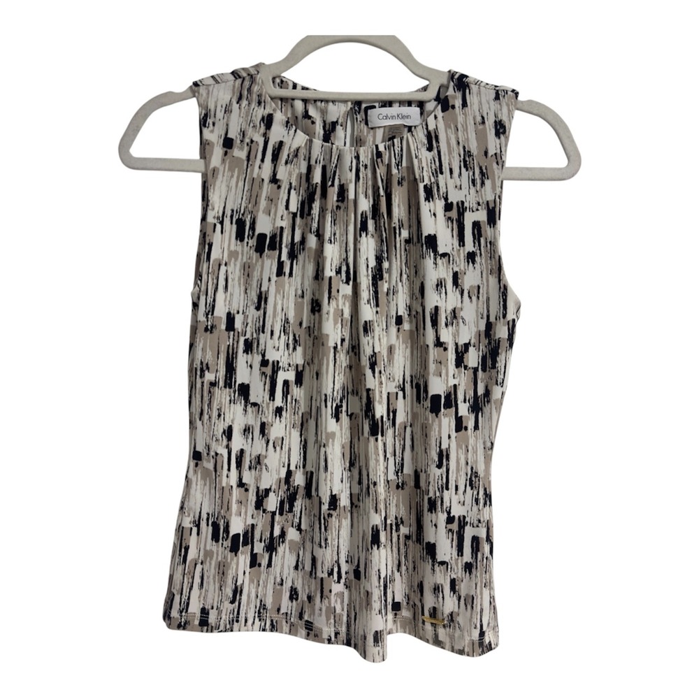 Calvin Klein Womens PS Petite Abstract Brushstroke Sleeveless Pleated Blouse Top